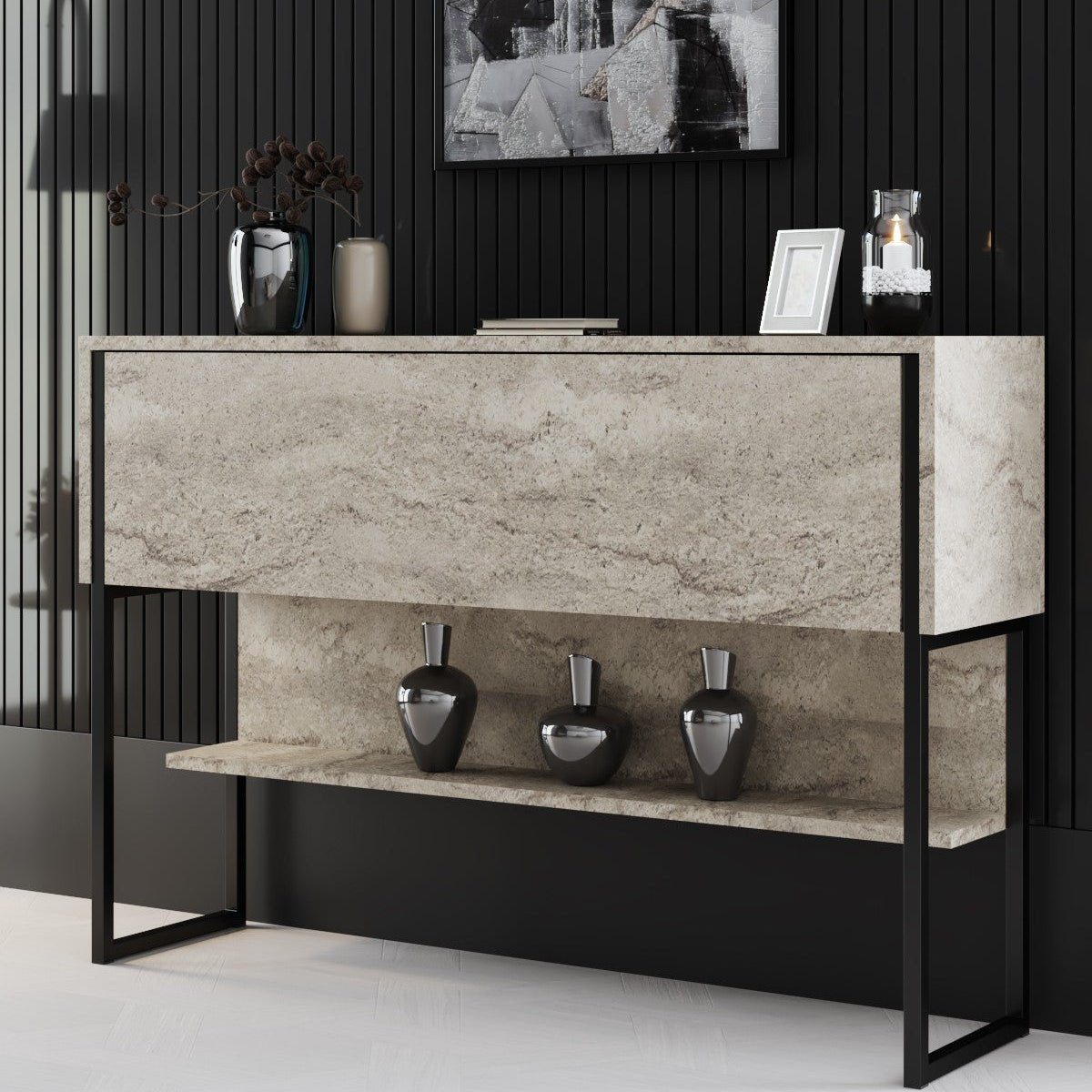 Dressoirs - Modern Dressoir Travertin Luxe 120x80x35 - Zwart Frame - Eén Vak - Dimehouse