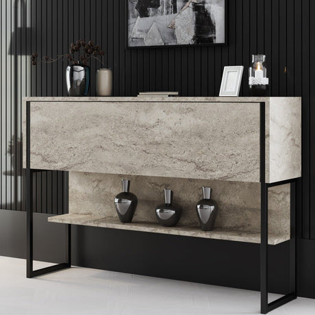 Dressoirs - Modern Dressoir Travertin Luxe 120x80x35 - Zwart Frame - Eén Vak - Dimehouse