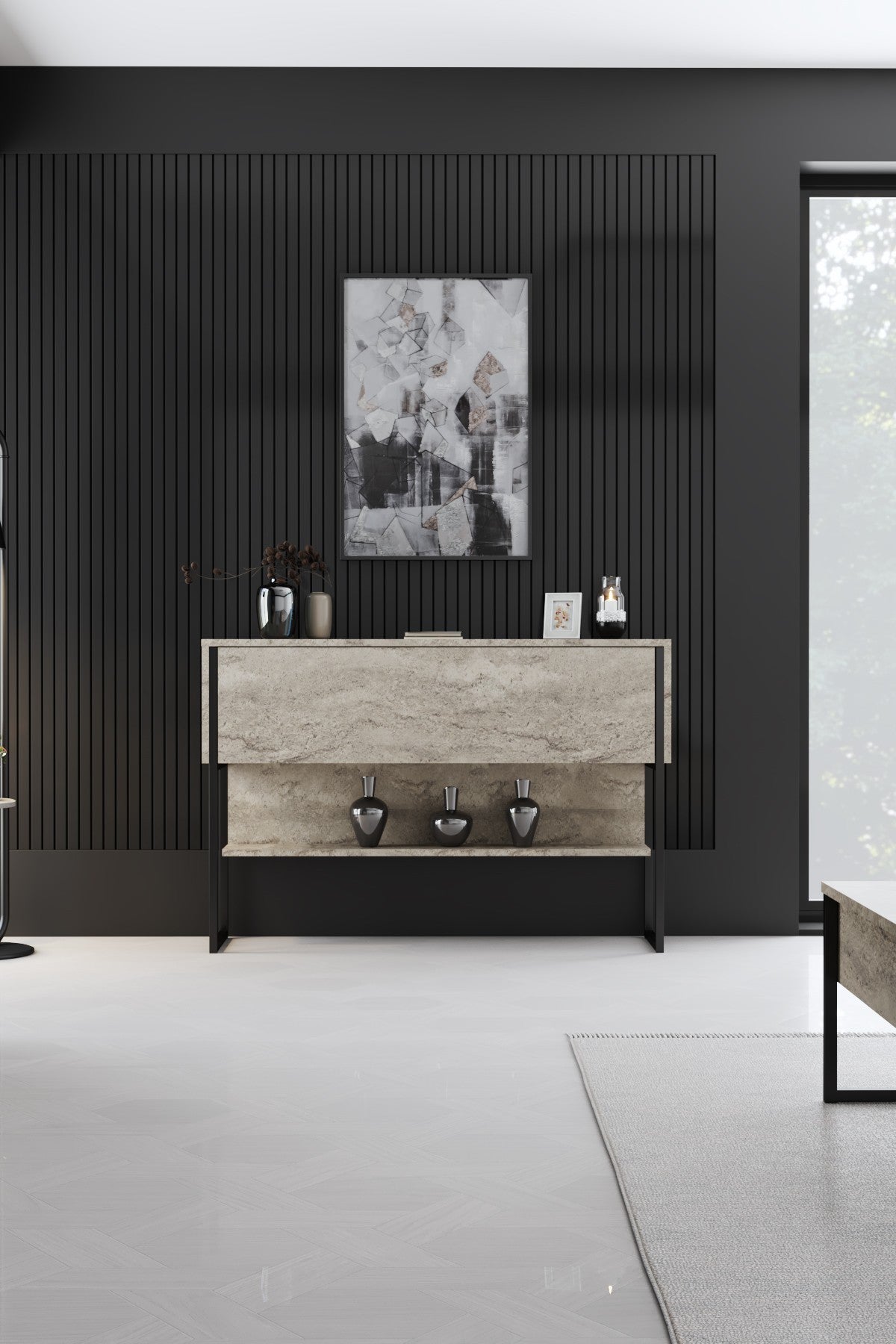 Dressoirs - Modern Dressoir Travertin Luxe 120x80x35 - Zwart Frame - Eén Vak - Dimehouse