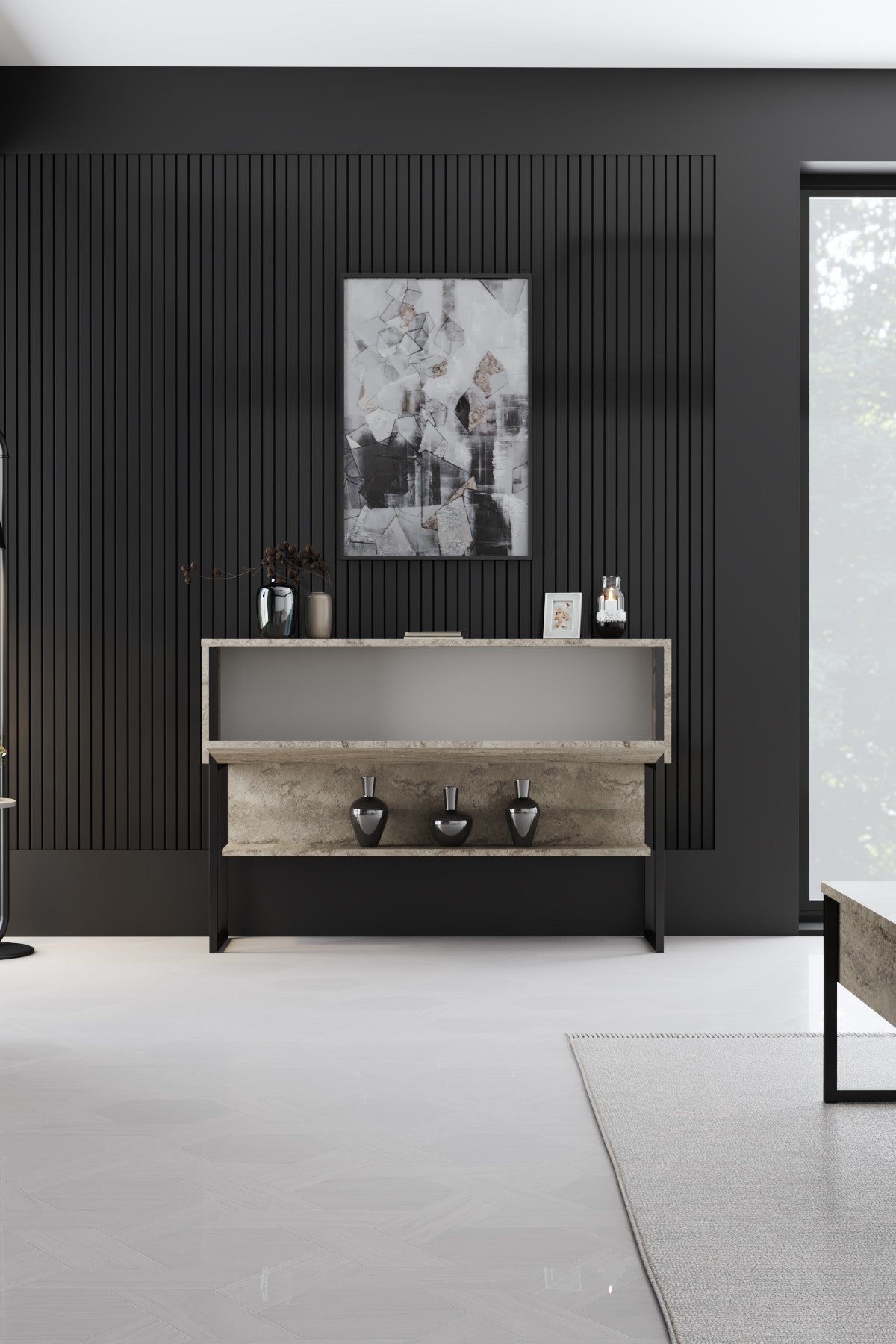 Dressoirs - Modern Dressoir Travertin Luxe 120x80x35 - Zwart Frame - Eén Vak - Dimehouse