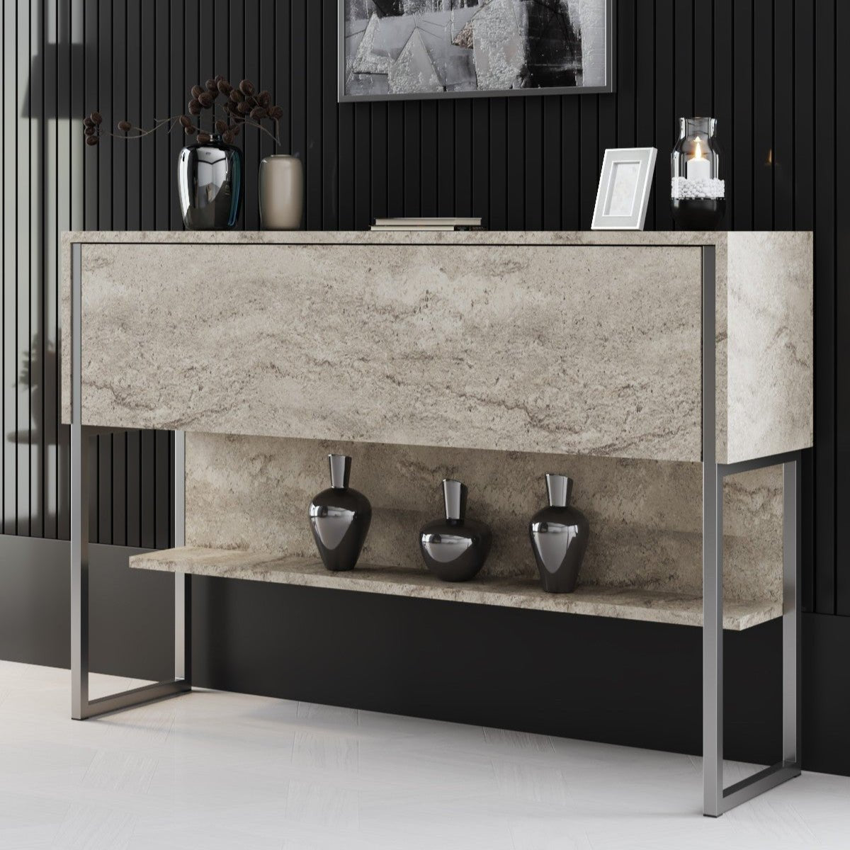 Dressoirs - Modern Dressoir Travertin Luxe 120x80x30 - Zilver Frame - Eén Vak - Dimehouse