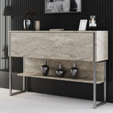Dressoirs - Modern Dressoir Travertin Luxe 120x80x30 - Zilver Frame - Eén Vak - Dimehouse