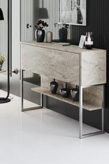 Dressoirs - Modern Dressoir Travertin Luxe 120x80x30 - Zilver Frame - Eén Vak - Dimehouse
