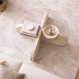Salontafels - Ronde salontafel Aris travertin melamine en transparant glas 75 cm - Dimehouse