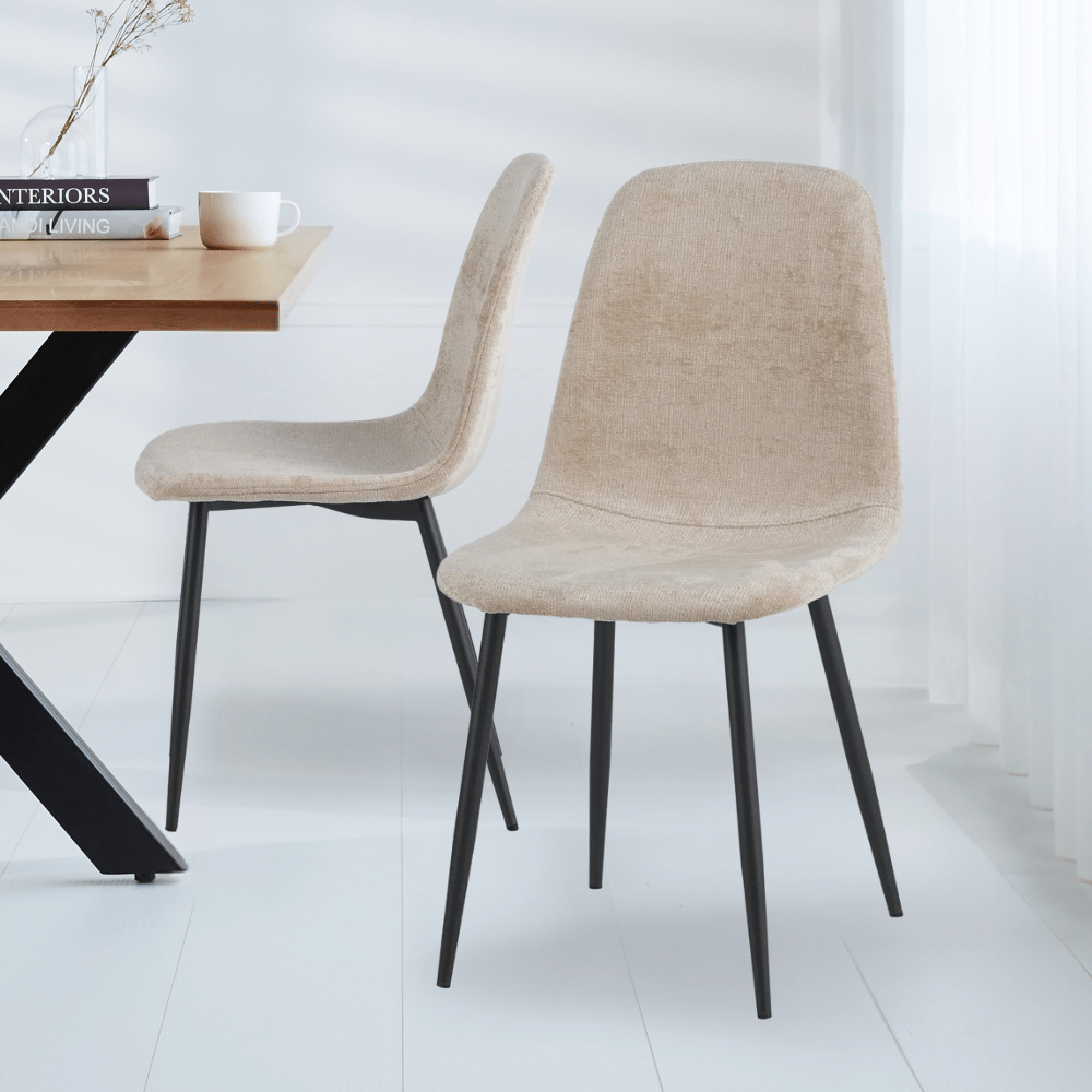 Eetkamerstoelen - Set van 4 Scandinavische Eetkamerstoelen Beige Chenille Stof Swift - Zonder Armleuningen - Dimehouse