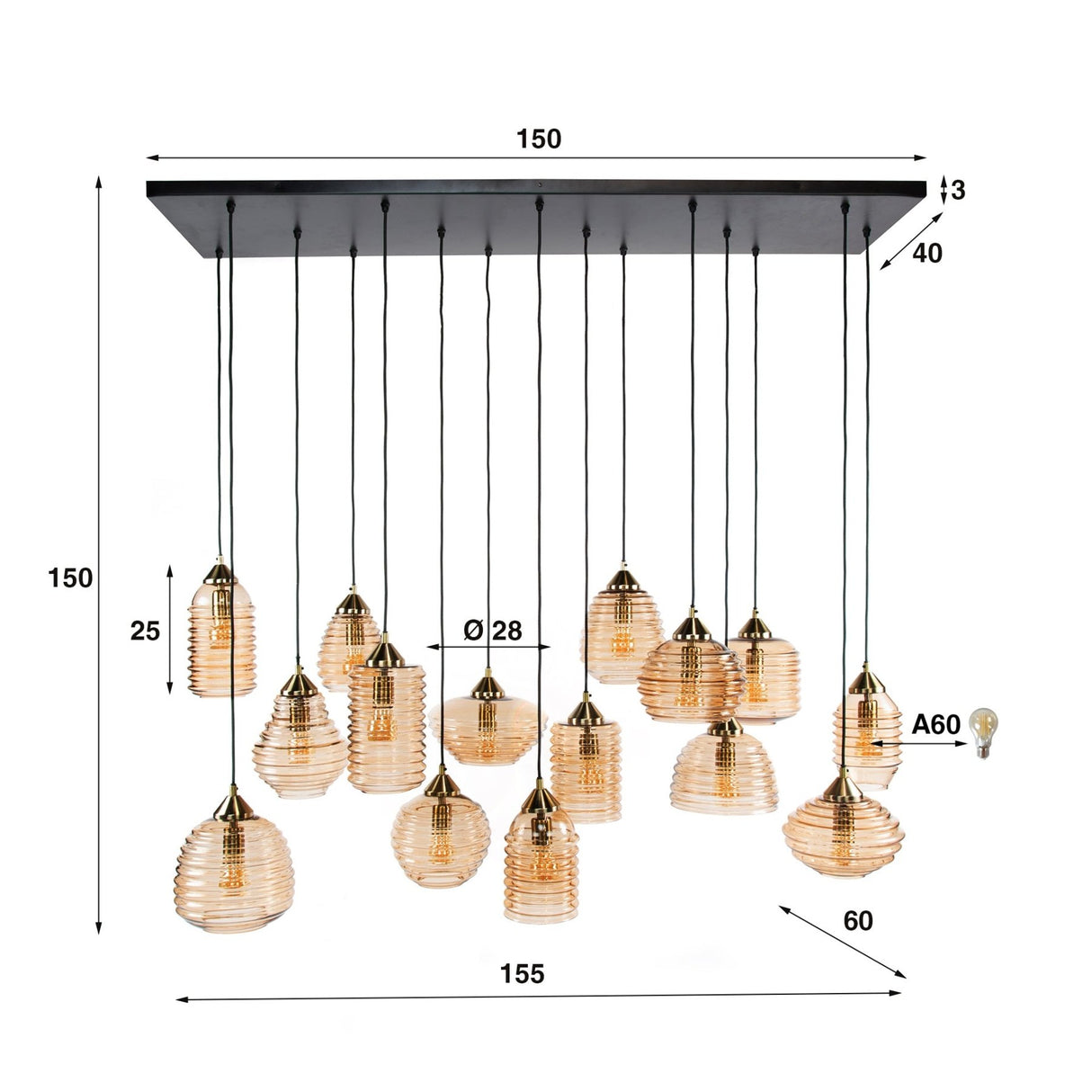 Hanglampen - Hanglamp Mali 15 - lichts geribbeld glas amberkleurig - Dimehouse
