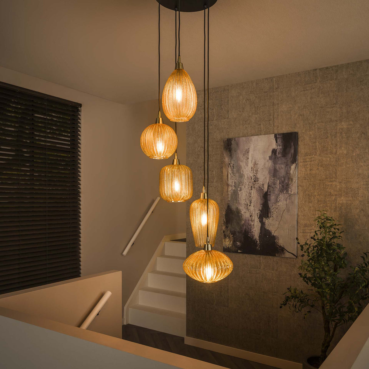 Hanglampen - Glazen Hanglamp Olaf 5 - lichts Amber Goud - Dimehouse