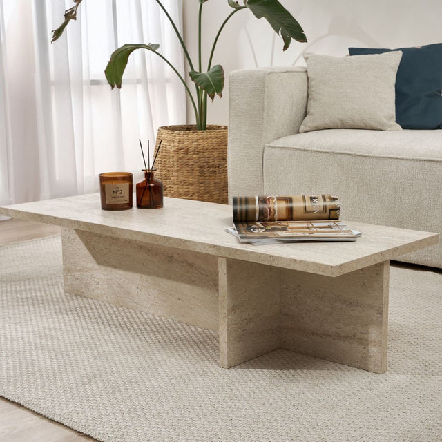 Salontafels - Rechthoekige salontafel travertin melamine - 120x45x30 cm - Portland - Dimehouse