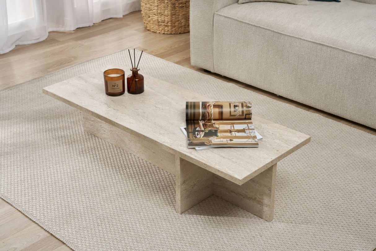 Salontafels - Rechthoekige salontafel travertin melamine - 120x45x30 cm - Portland - Dimehouse