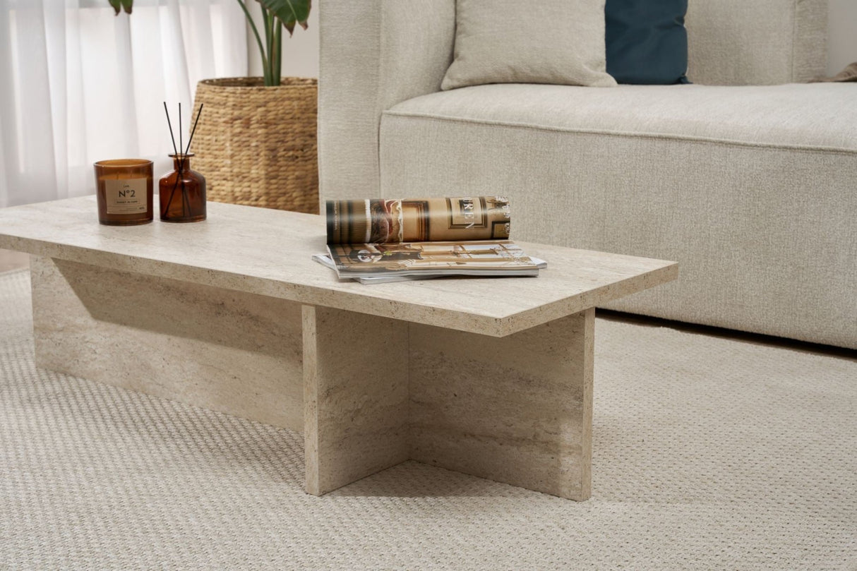 Salontafels - Rechthoekige salontafel travertin melamine - 120x45x30 cm - Portland - Dimehouse