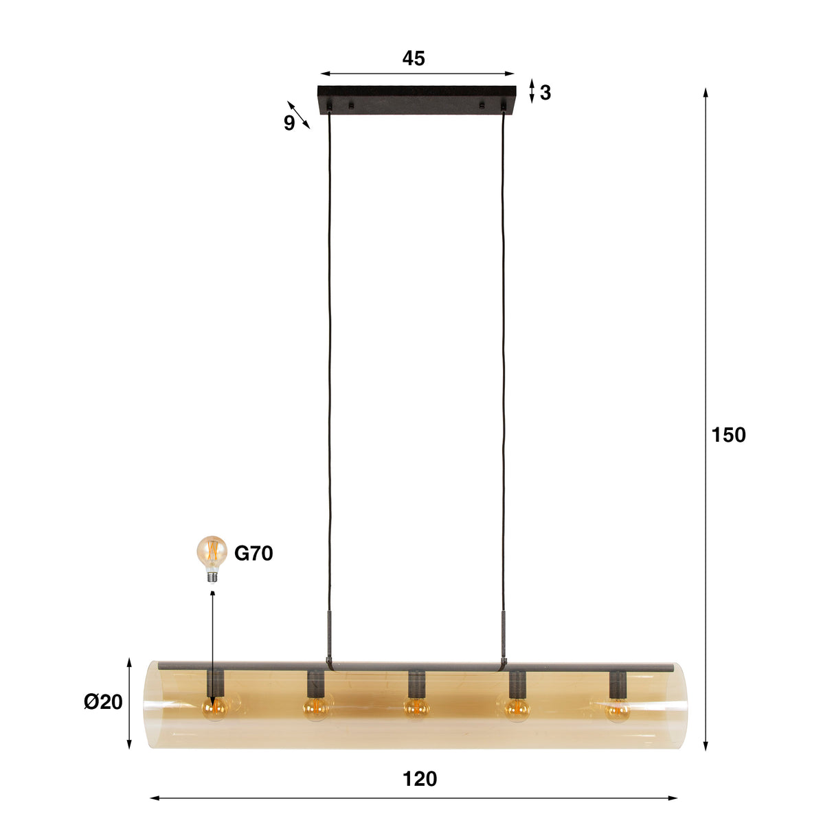 Hanglampen - Hanglamp Cai 5 - lichts amber glas - Dimehouse
