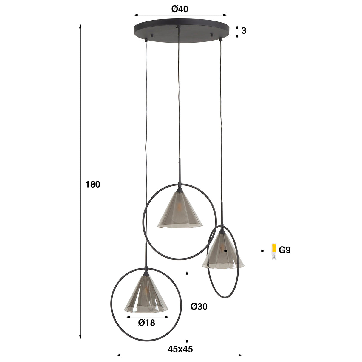 Hanglampen - Hanglamp Niaz 3 - lichts tapse kap getrapt smoke grey glas - Dimehouse