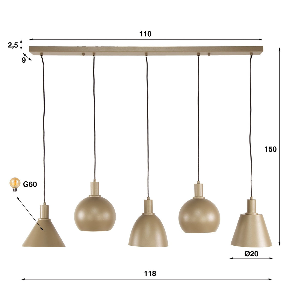 Hanglampen - Hanglamp Sienna 5 - lichts Beige 120 cm - Dimehouse