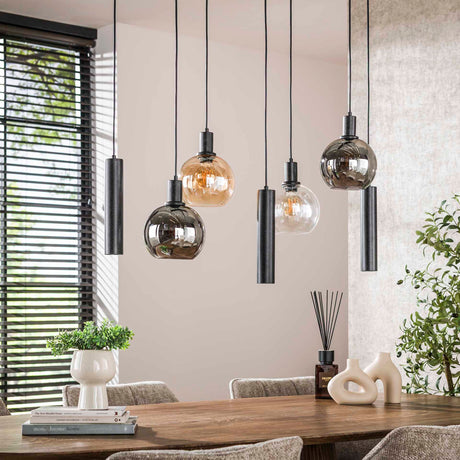 Hanglampen - Hanglamp 7 - lichts gekleurd glas zwart metaal Valeo 110 cm - Dimehouse