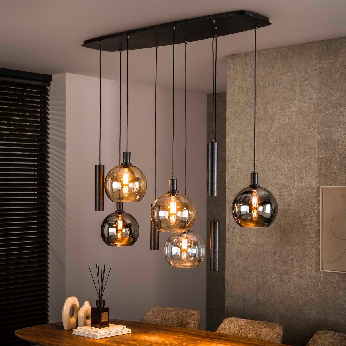 Hanglampen - Hanglamp 9 - lichts gekleurd glas zwart metaal Valeo 110 cm - Dimehouse