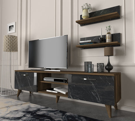 TV Meubels - TV Meubel Set Ayden Walnoot Marmer Melamine 150x40,6x29,5 cm - Dimehouse