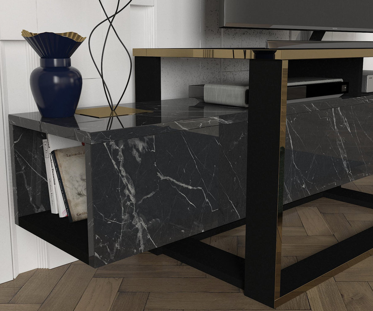 TV Meubels - TV Meubel Bianco Zwart Goud Melamine 160x49,8x46,1 cm - Dimehouse