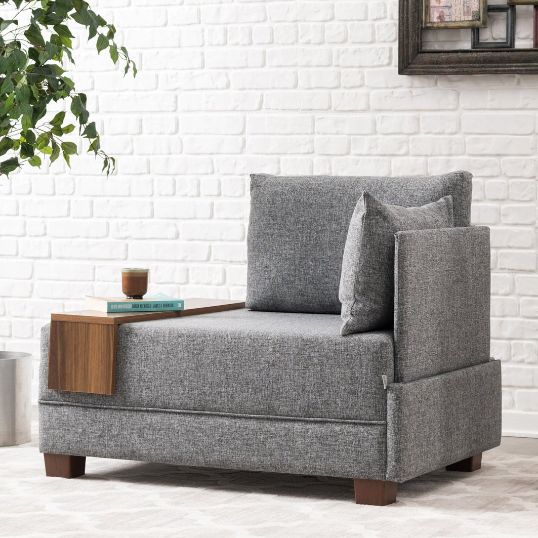 Fauteuils - Moderne Fauteuil Grijs Stof Fly - Rechts - Met Houten Tafeltje - Dimehouse