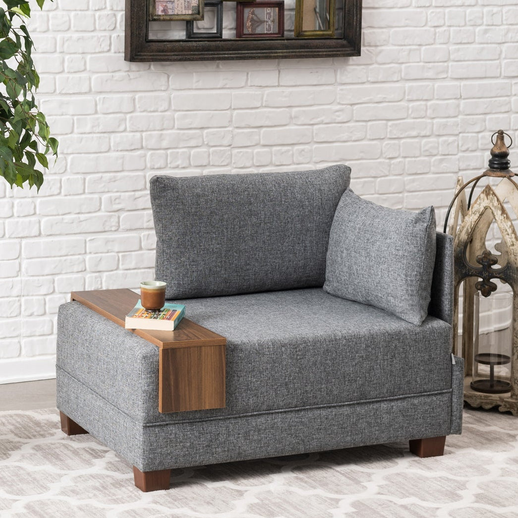 Fauteuils - Moderne Fauteuil Grijs Stof Fly - Rechts - Met Houten Tafeltje - Dimehouse
