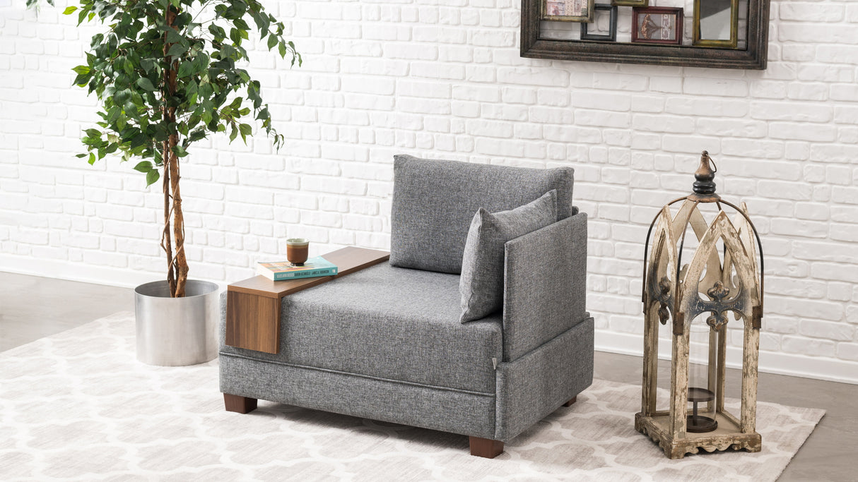 Fauteuils - Moderne Fauteuil Grijs Stof Fly - Rechts - Met Houten Tafeltje - Dimehouse