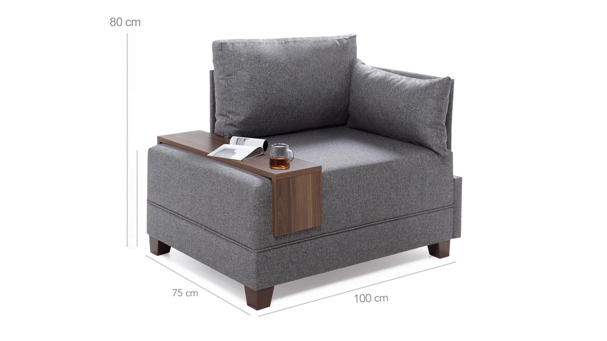 Fauteuils - Moderne Fauteuil Grijs Stof Fly - Rechts - Met Houten Tafeltje - Dimehouse