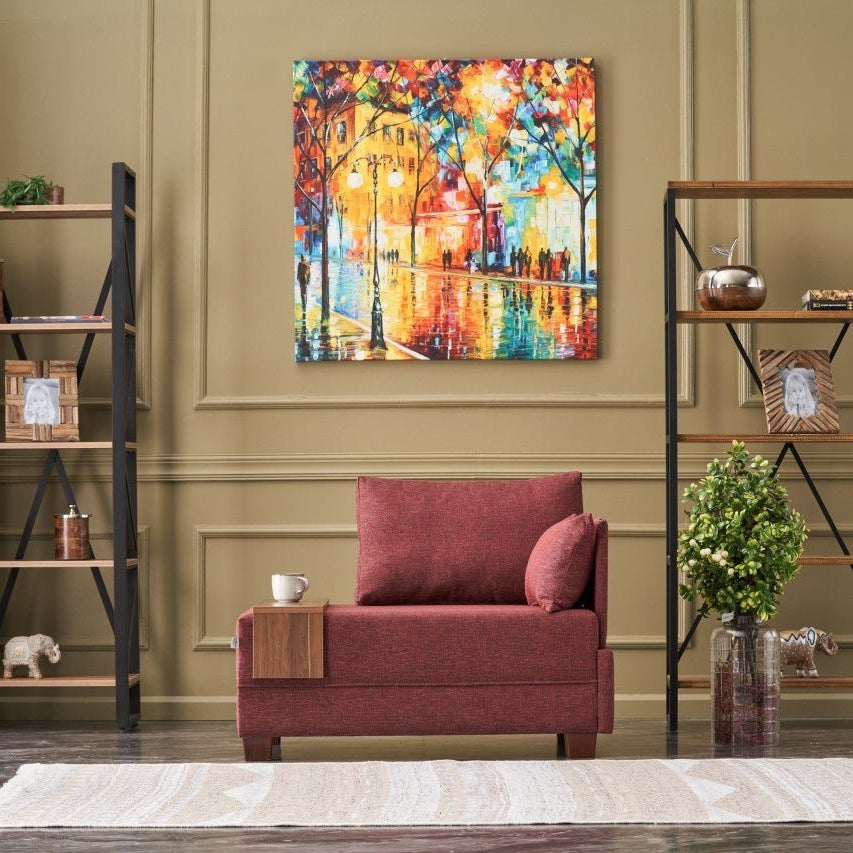Fauteuils - Moderne Fauteuil Bordeaux Rood Stof Fly - Rechts - Met Houten Tafeltje - Dimehouse