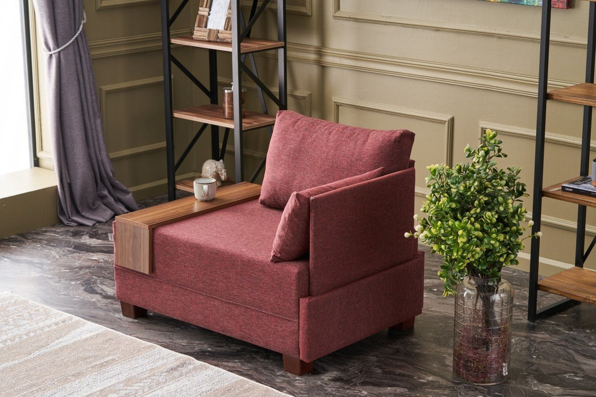 Fauteuils - Moderne Fauteuil Bordeaux Rood Stof Fly - Rechts - Met Houten Tafeltje - Dimehouse