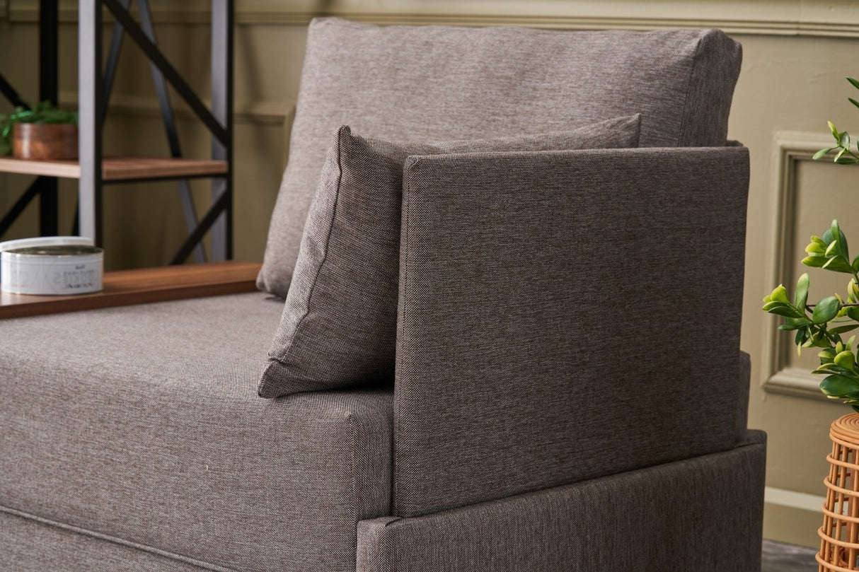 Fauteuils - Moderne Fauteuil Bruin Stof Fly - Rechts - Met Houten Tafeltje - Dimehouse
