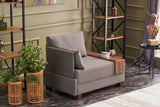 Fauteuils - Moderne Fauteuil Bruin Stof Fly - Links - Met Houten Tafeltje - Dimehouse