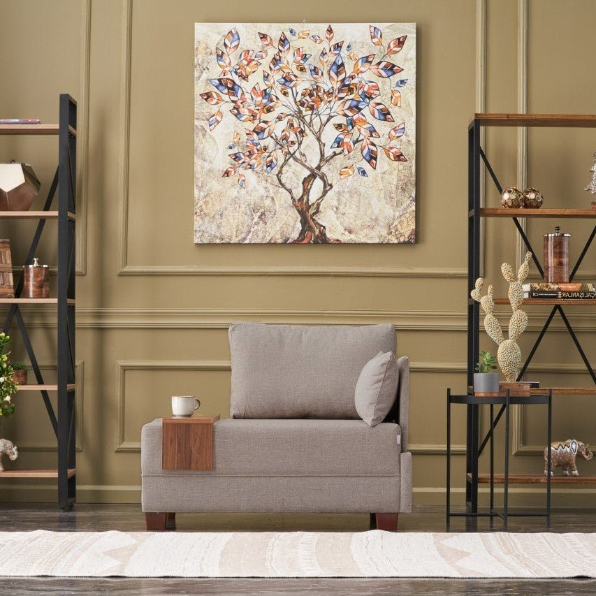 Fauteuils - Moderne Fauteuil Beige Stof Fly - Rechts - Met Houten Tafeltje - Dimehouse