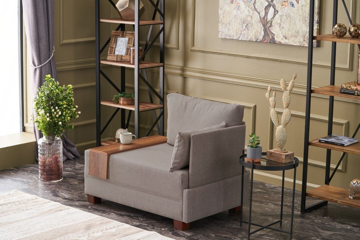 Fauteuils - Moderne Fauteuil Beige Stof Fly - Rechts - Met Houten Tafeltje - Dimehouse