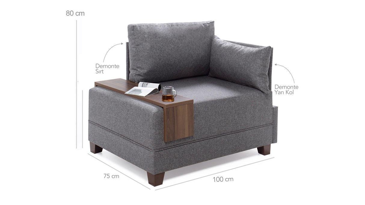 Fauteuils - Moderne Fauteuil Blauw Stof Fly - Rechts - Met Houten Tafeltje - Dimehouse