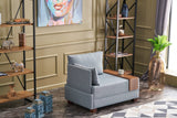 Fauteuils - Moderne Fauteuil Blauw Stof Fly - Links - Met Houten Tafeltje - Dimehouse