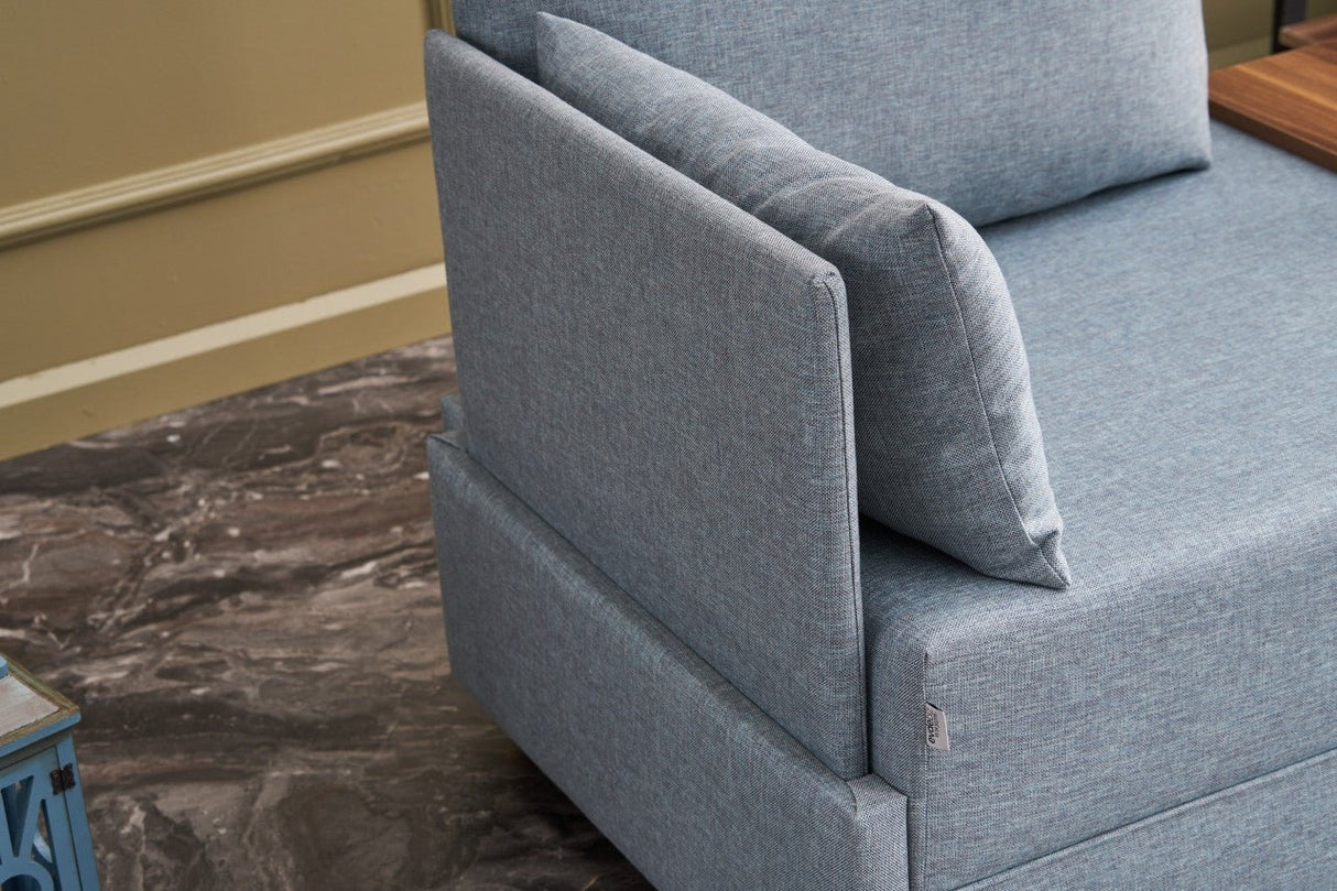 Fauteuils - Moderne Fauteuil Blauw Stof Fly - Links - Met Houten Tafeltje - Dimehouse