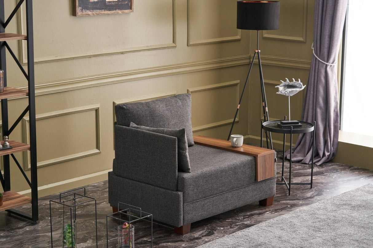 Fauteuils - Moderne Fauteuil Antraciet Stof Fly - Links - Met Houten Tafeltje - Dimehouse