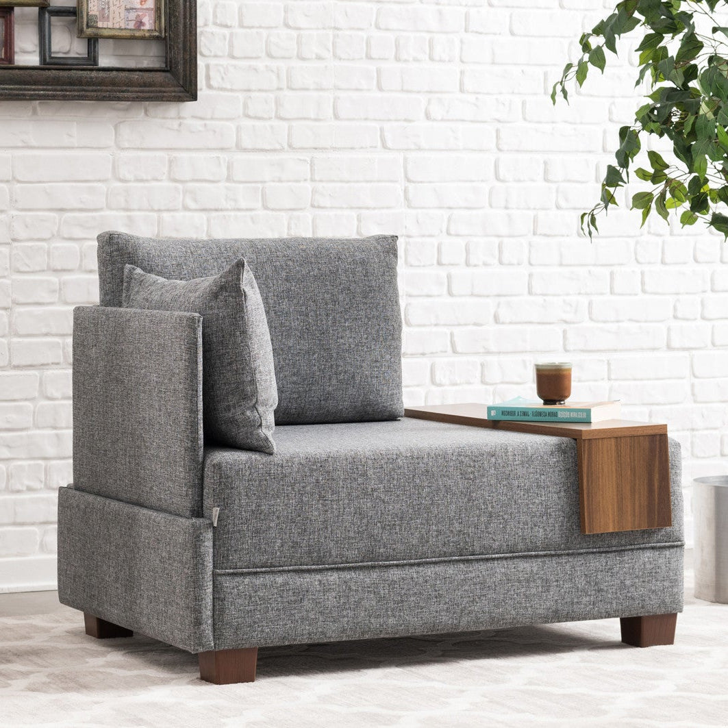 Fauteuils - Moderne Fauteuil Grijs Stof Fly - Links - Met Houten Tafeltje - Dimehouse