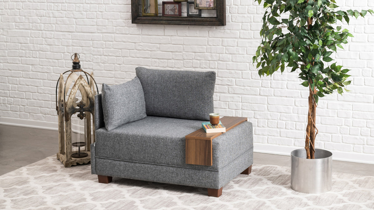 Fauteuils - Moderne Fauteuil Grijs Stof Fly - Links - Met Houten Tafeltje - Dimehouse