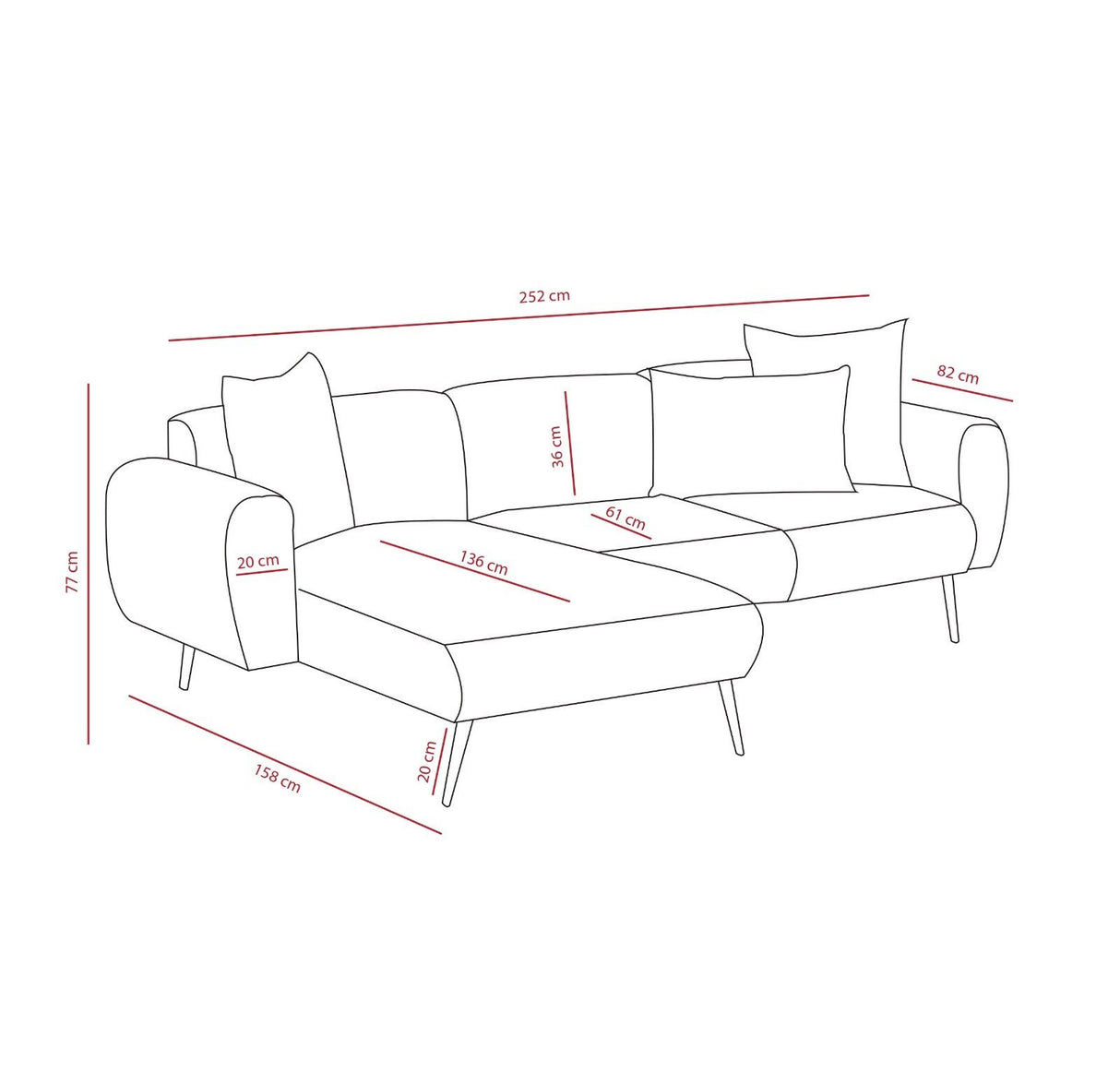 Banken - Hoekbank grijze stof - Hoge slanke poten - massief binnenwerk - 252 x 155 cm - Side - Dimehouse