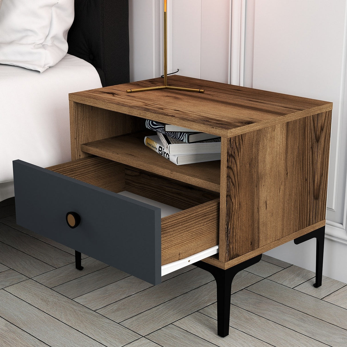 Nachtkastjes - Nachtkastje Lizbon Walnoot Antraciet Melamine 56x50,8x40 cm - Dimehouse