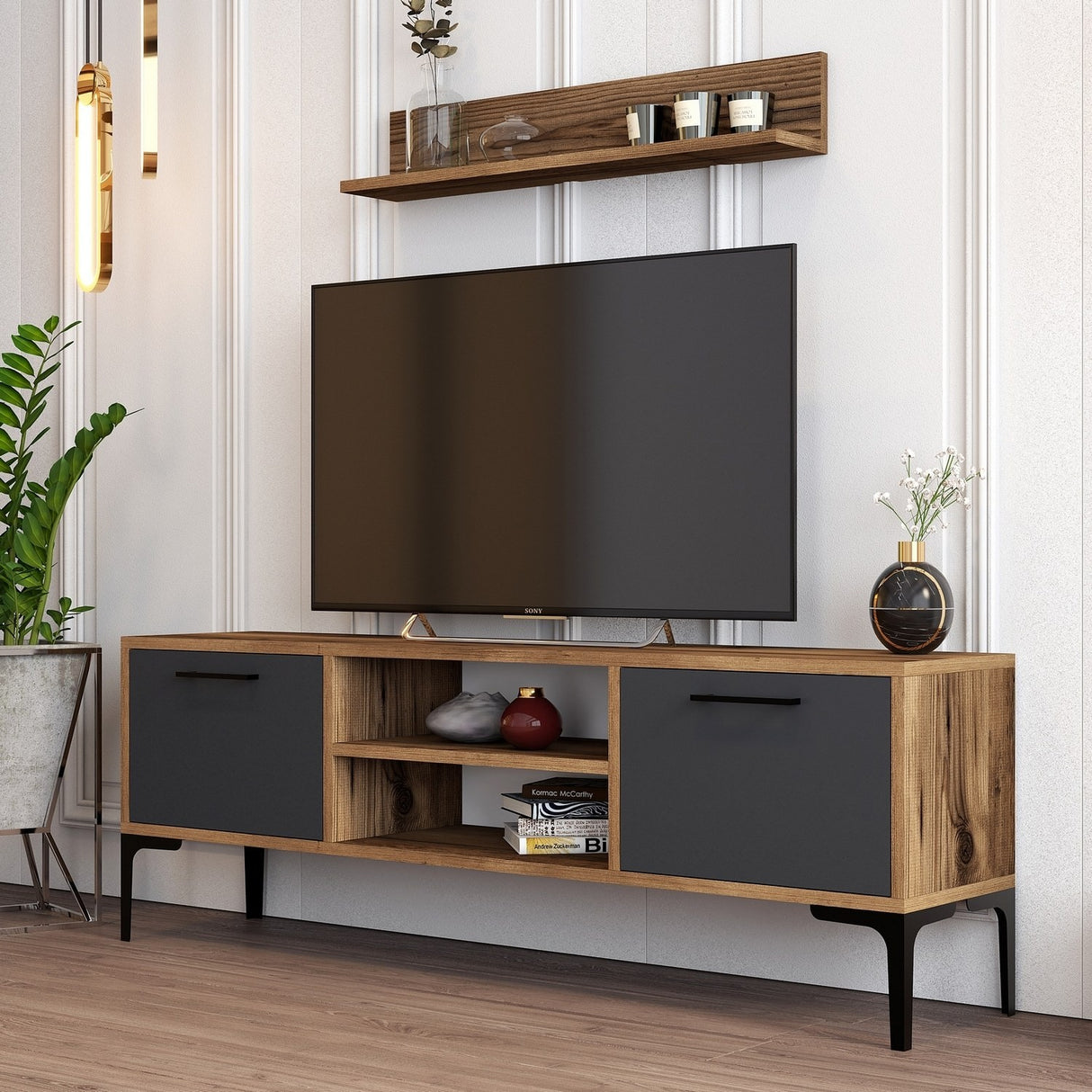 TV Meubels - TV Meubel Set Riga Walnoot Antraciet Melamine 140x48x30 cm - Dimehouse
