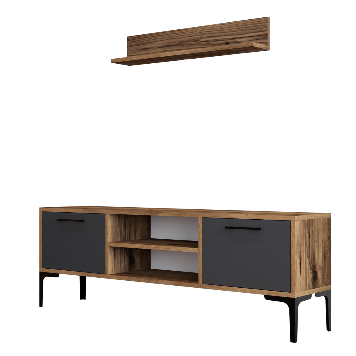 TV Meubels - TV Meubel Set Riga Walnoot Antraciet Melamine 140x48x30 cm - Dimehouse