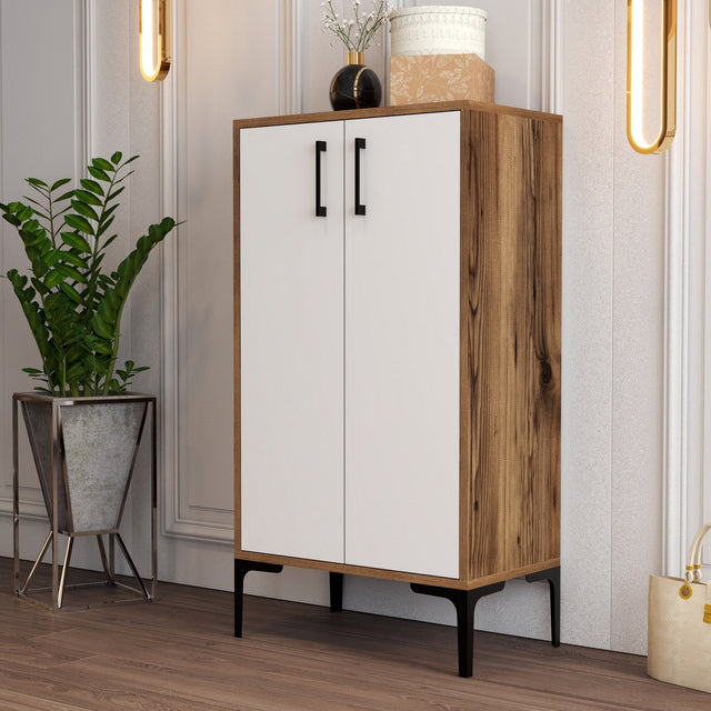 Schoenenkasten - Schoenenkast Prag Walnoot Wit Melamine 60x111x35 cm - Dimehouse