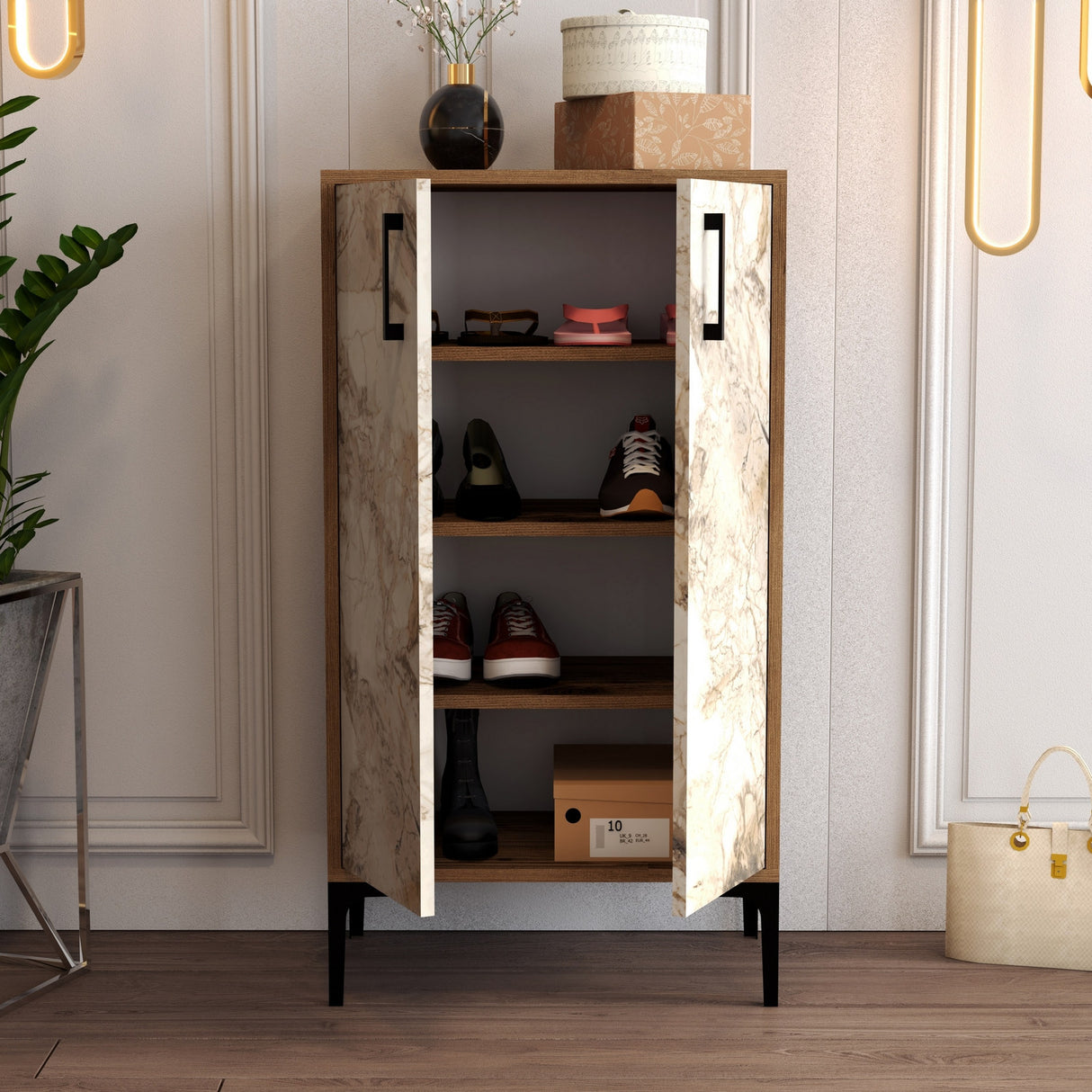 Schoenenkasten - Schoenenkast Prag Walnoot Wit Marmer Melamine 60x111x35 cm - Dimehouse
