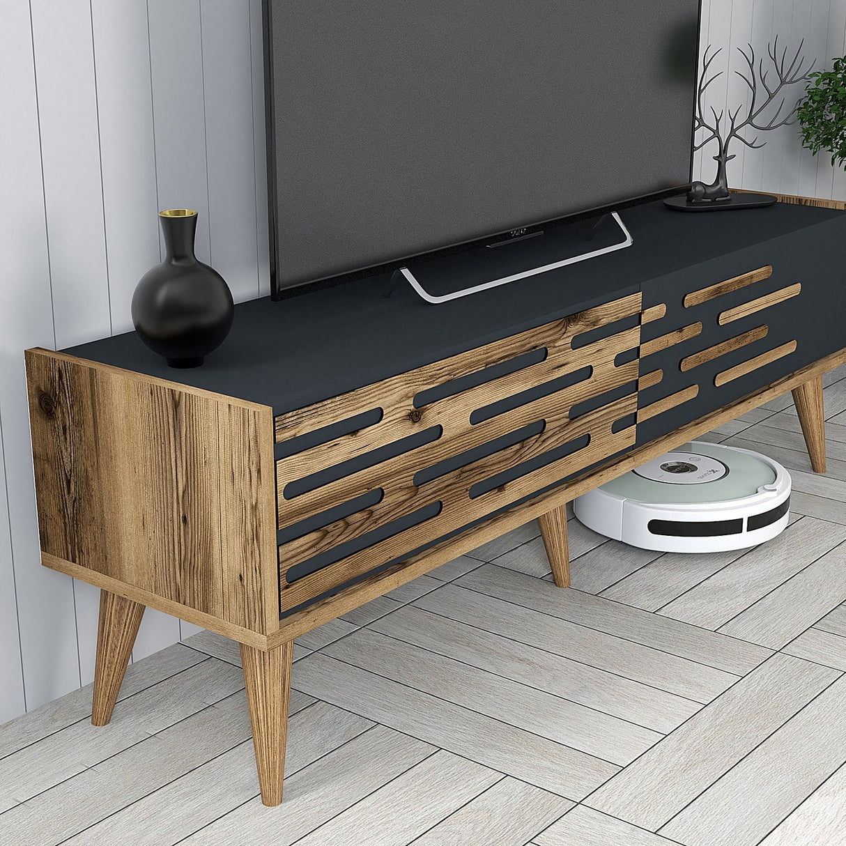TV Meubels - TV Meubel Set Valensiya Walnoot Antraciet Melamine 140x35x45 cm - Dimehouse