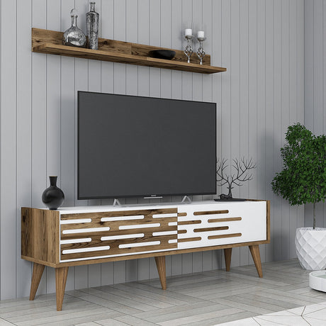 TV Meubels - TV Meubel Set Valensiya Walnoot Wit Melamine 140x35x45 cm - Dimehouse