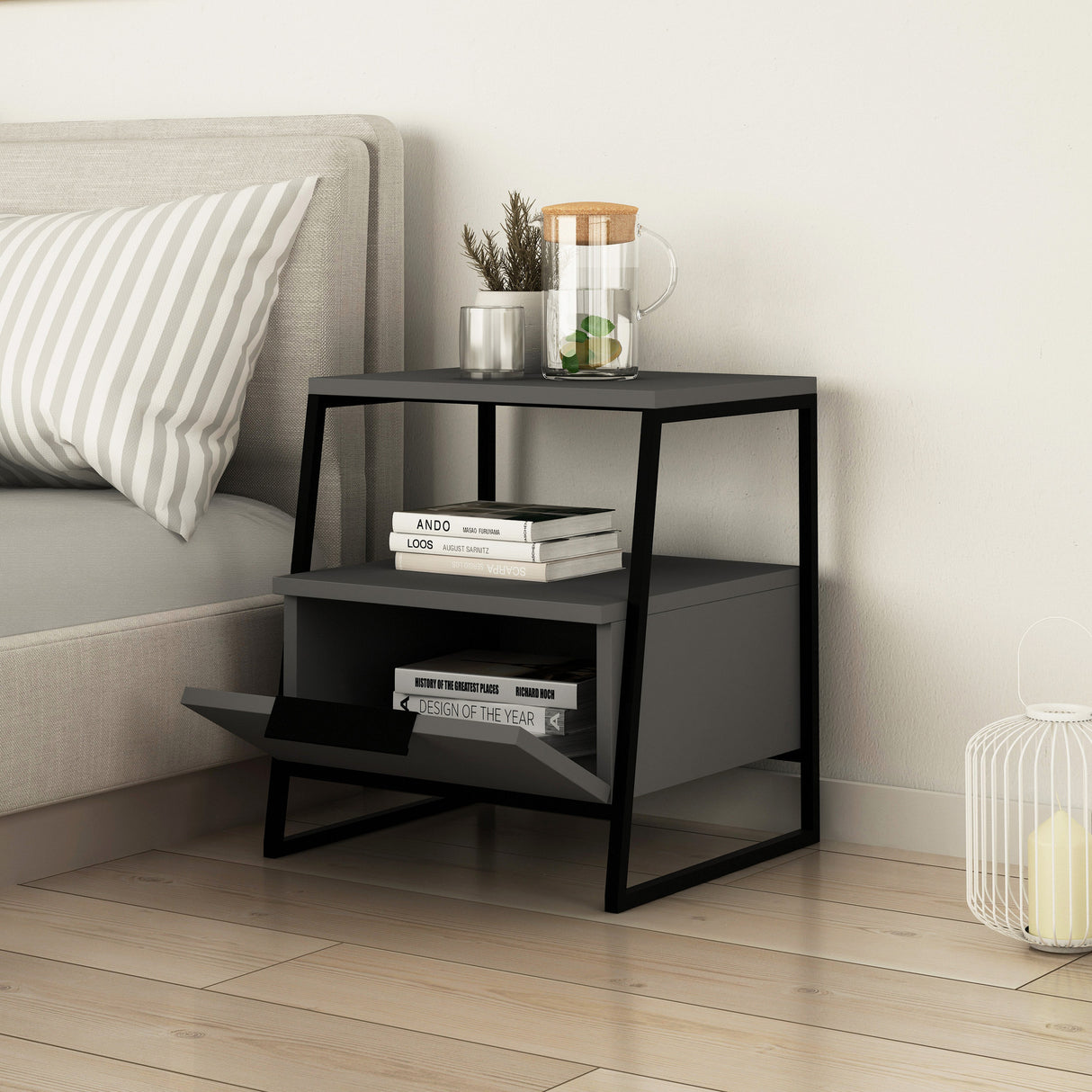 Nachtkastjes - Nachtkastje Pal Antraciet Melamine 45x50x40 cm - Dimehouse