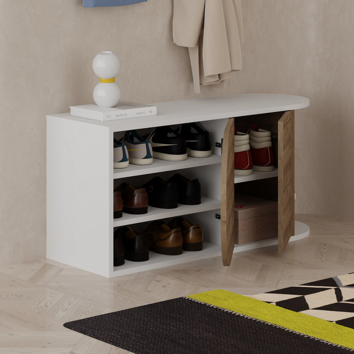 Schoenenkasten - Schoenenkast Nova Shoe Bench Naturel Wit Melamine 104x50x37 cm - Dimehouse
