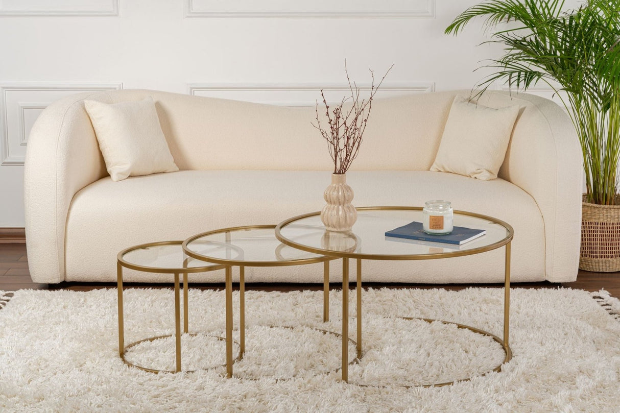 Salontafels - Moderne Ronde Salontafel Set van 3 Uru Goud - Transparant Glas - 80/60/42 cm - Dimehouse