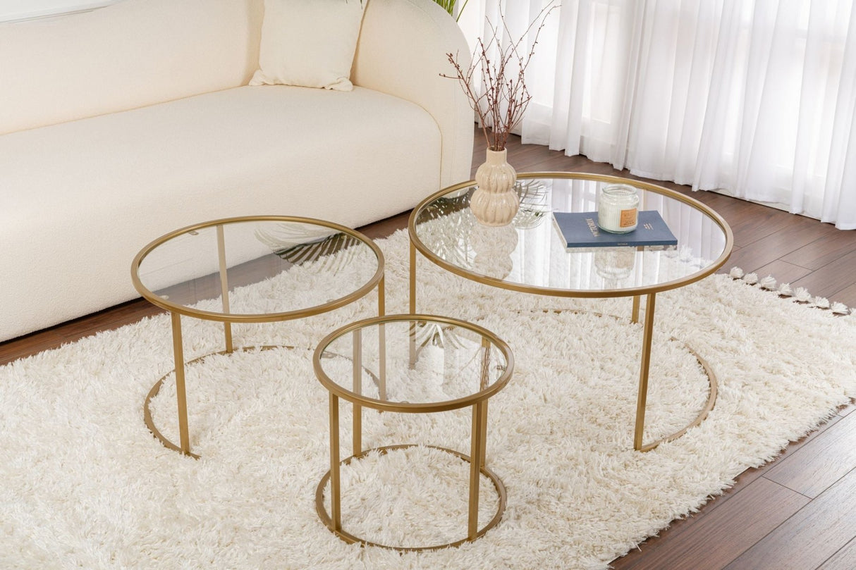 Salontafels - Moderne Ronde Salontafel Set van 3 Uru Goud - Transparant Glas - 80/60/42 cm - Dimehouse