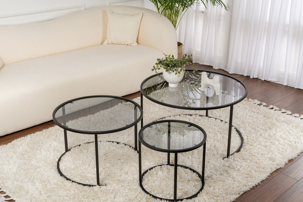 Salontafels - Moderne Salontafel Set van 3 Uru Zwart - Grijs Glas - 80/60/42 cm - Dimehouse